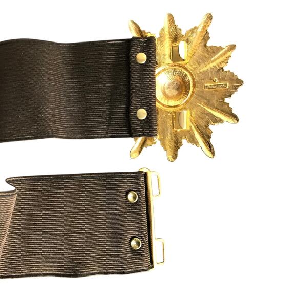 Vintage 27" Belt Black Gold Sunburst Hook Closure Wide Elastic Band Old Money - Picture 4 of 6